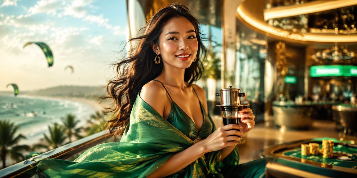 Người dùng thư giãn tại Mũi Né với ly cà phê và thiết bị cược di động